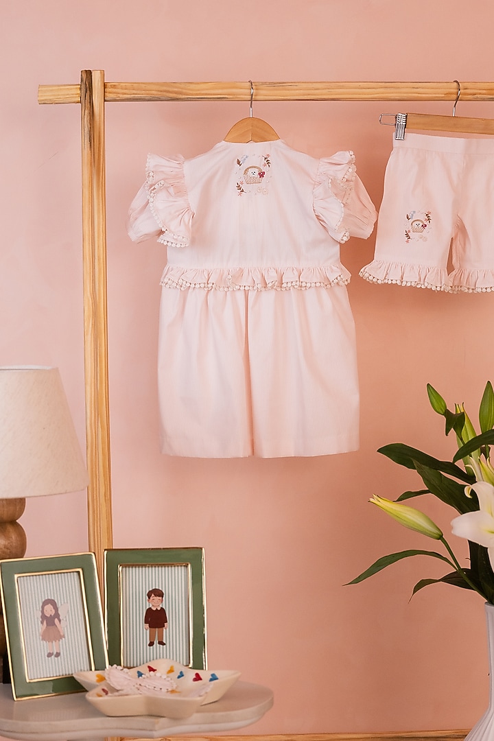 Beige Cotton Linen Printed & Floral Embroidered Co-Ord Set For Girls by Tilsim by Sagarika Mehrotra at Pernia's Pop Up Shop