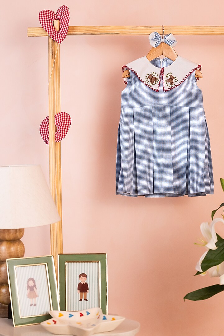Blue Cotton Linen Hand Embroidered Dress For Girls by Tilsim by Sagarika Mehrotra at Pernia's Pop Up Shop