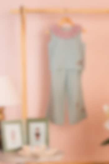 Dusky Green Cotton Linen Embroidered Co-Ord Set For Girls by Tilsim by Sagarika Mehrotra at Pernia's Pop Up Shop