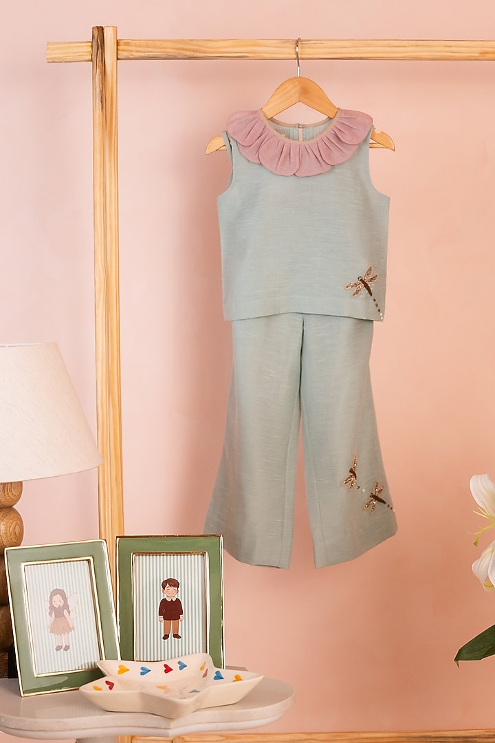 Dusky Green Cotton Linen Embroidered Co-Ord Set For Girls by Tilsim by Sagarika Mehrotra at Pernia's Pop Up Shop