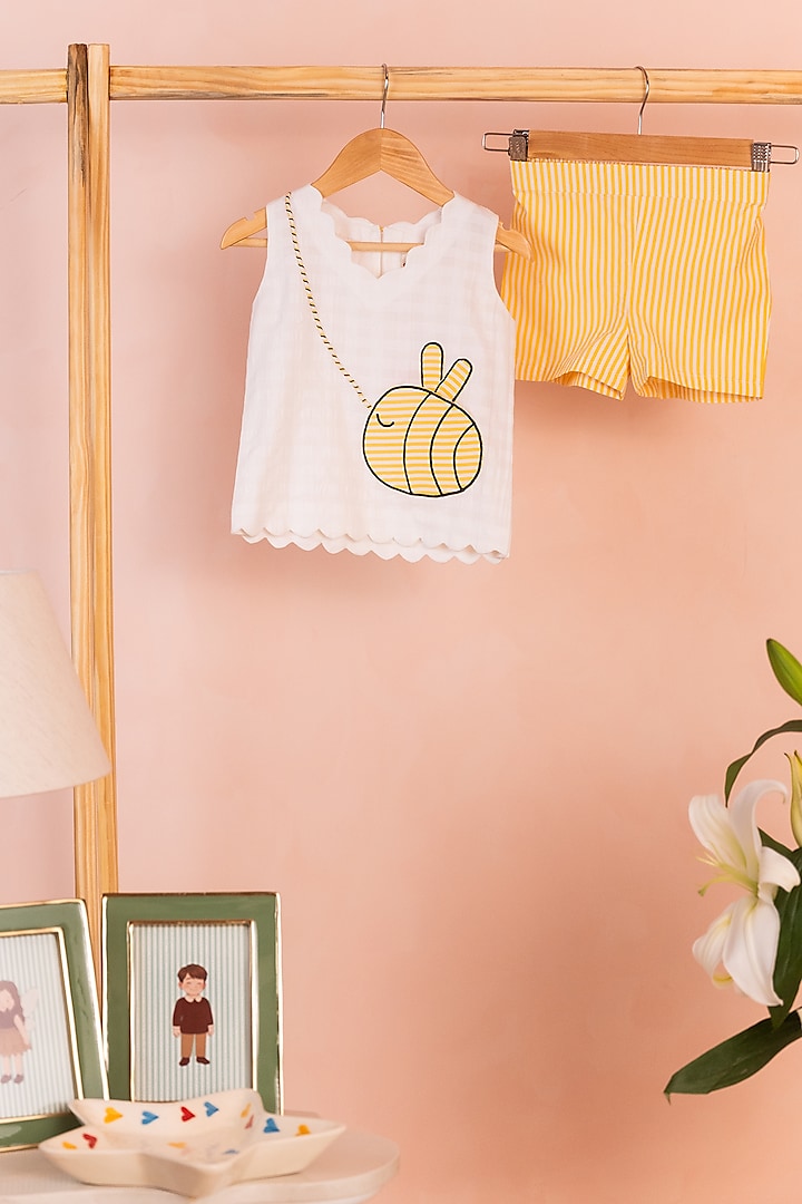 Yellow Cotton Linen Embroidered Co-Ord Set For Girls by Tilsim by Sagarika Mehrotra at Pernia's Pop Up Shop