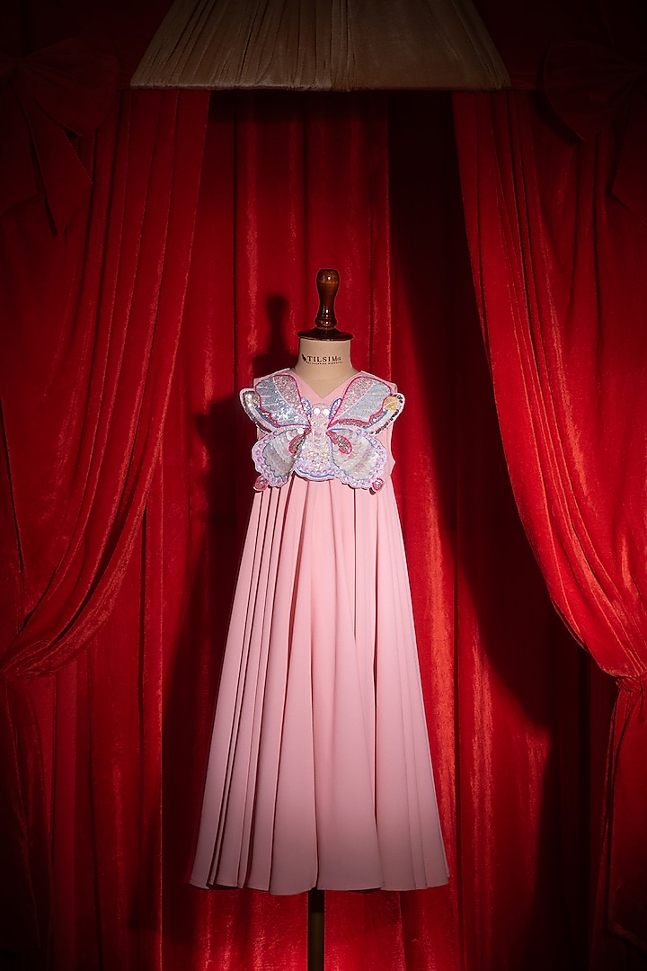 Pink Cotton Linen Embroidered Dress For Girls by Tilsim by Sagarika Mehrotra at Pernia's Pop Up Shop