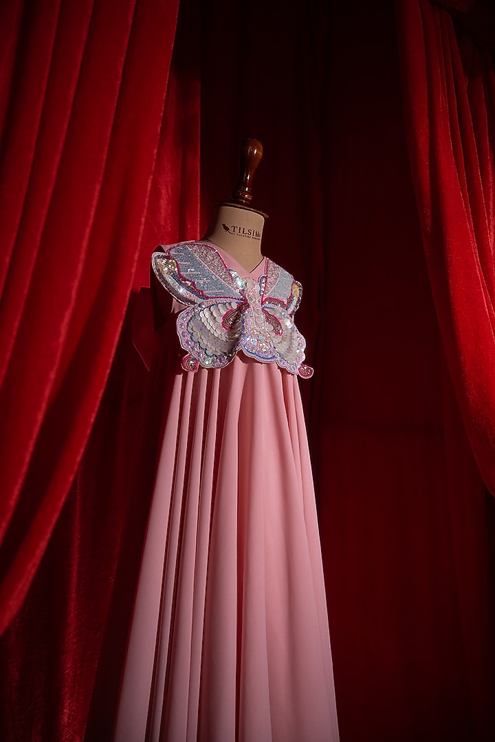 Pink Cotton Linen Embroidered Dress For Girls by Tilsim by Sagarika Mehrotra at Pernia's Pop Up Shop