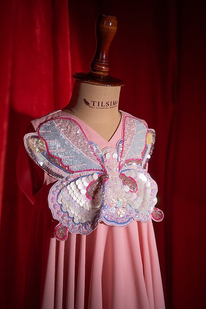 Pink Cotton Linen Embroidered Dress For Girls by Tilsim by Sagarika Mehrotra at Pernia's Pop Up Shop