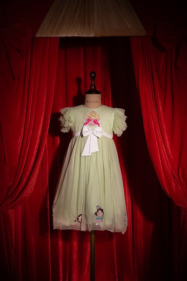 Green Net Embroidered Dress For Girls by Tilsim by Sagarika Mehrotra at Pernia's Pop Up Shop