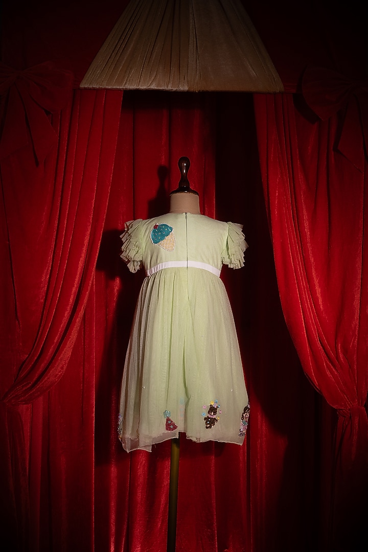 Green Net Embroidered Dress For Girls by Tilsim by Sagarika Mehrotra at Pernia's Pop Up Shop