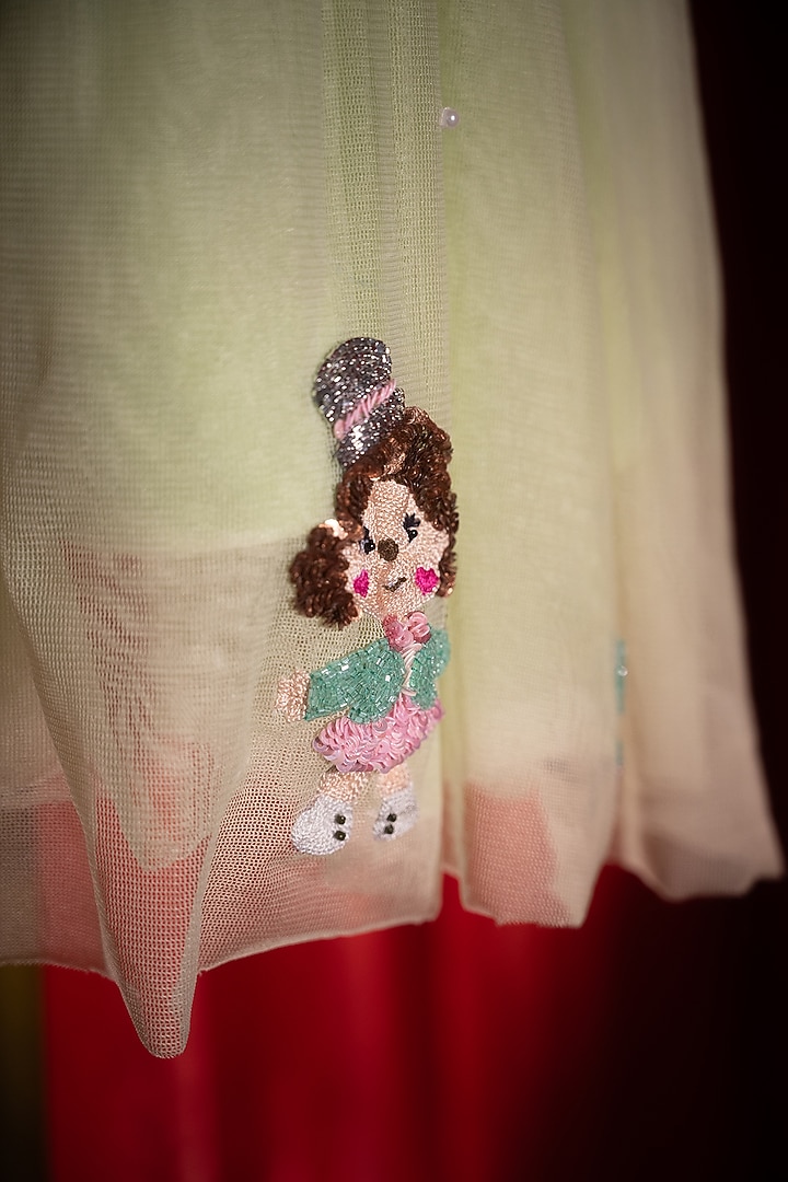 Green Net Embroidered Dress For Girls by Tilsim by Sagarika Mehrotra at Pernia's Pop Up Shop