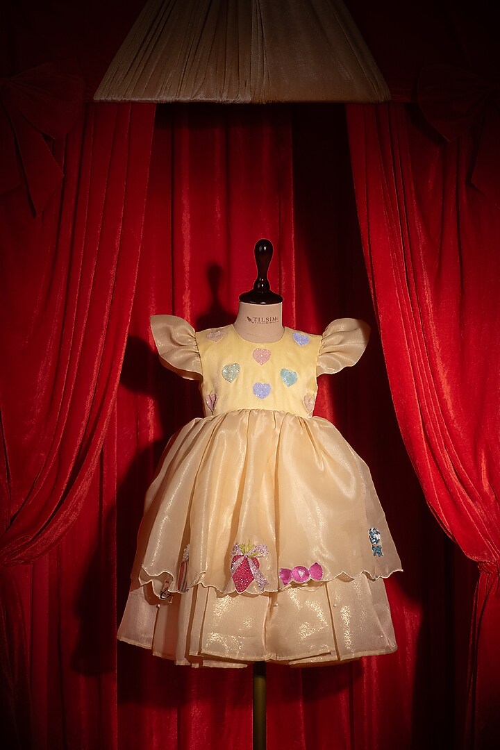 Yellow Silk Polyester Embroidered Dress For Girls by Tilsim by Sagarika Mehrotra at Pernia's Pop Up Shop