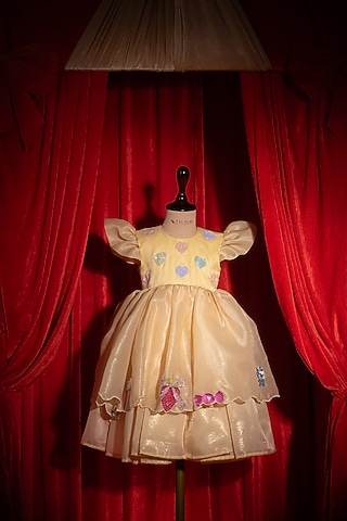 Yellow Silk Polyester Embroidered Dress For Girls by Tilsim by Sagarika Mehrotra