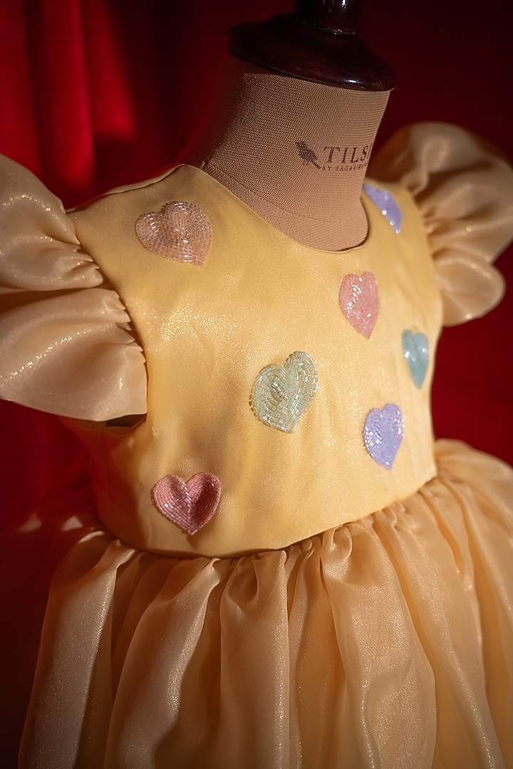 Yellow Silk Polyester Embroidered Dress For Girls by Tilsim by Sagarika Mehrotra at Pernia's Pop Up Shop