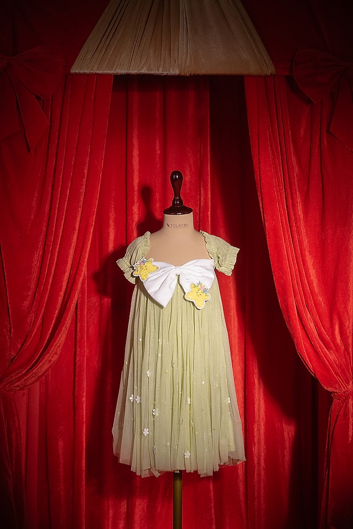Olive Green Nylon Spandex Embroidered Dress For Girls by Tilsim by Sagarika Mehrotra at Pernia's Pop Up Shop