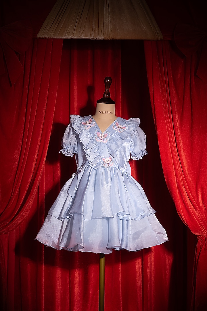 Blue Silk Polyester Embroidered Dress For Girls by Tilsim by Sagarika Mehrotra at Pernia's Pop Up Shop