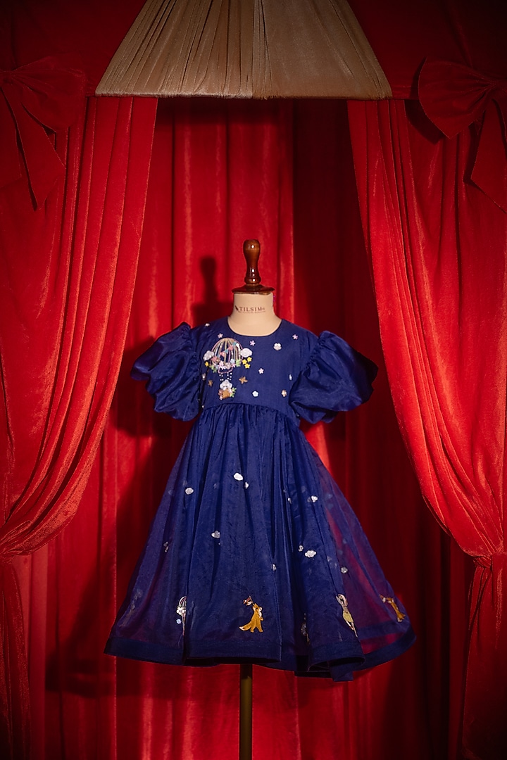 Navy Blue Polyester Nylon Embroidered Dress For Girls by Tilsim by Sagarika Mehrotra at Pernia's Pop Up Shop