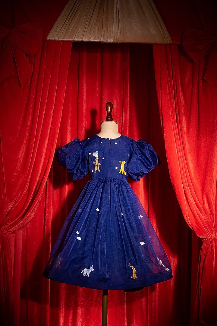 Navy Blue Polyester Nylon Embroidered Dress For Girls by Tilsim by Sagarika Mehrotra at Pernia's Pop Up Shop