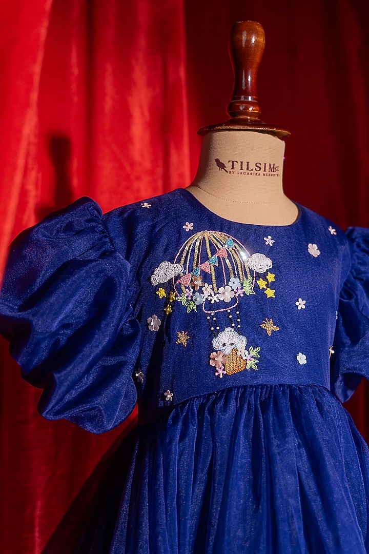 Navy Blue Polyester Nylon Embroidered Dress For Girls by Tilsim by Sagarika Mehrotra at Pernia's Pop Up Shop