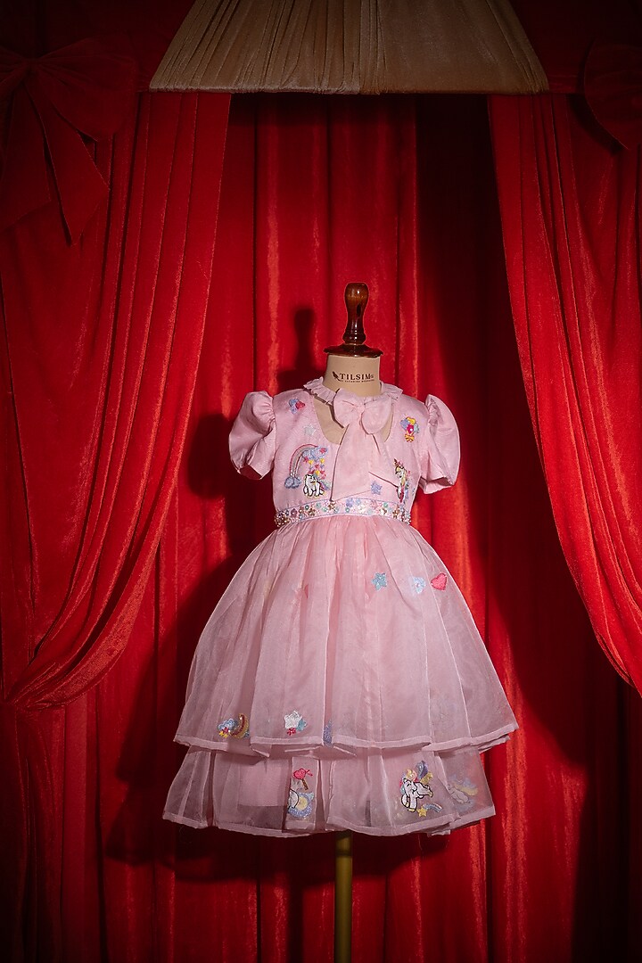Pink Polyester Nylon Embroidered Dress For Girls by Tilsim by Sagarika Mehrotra at Pernia's Pop Up Shop