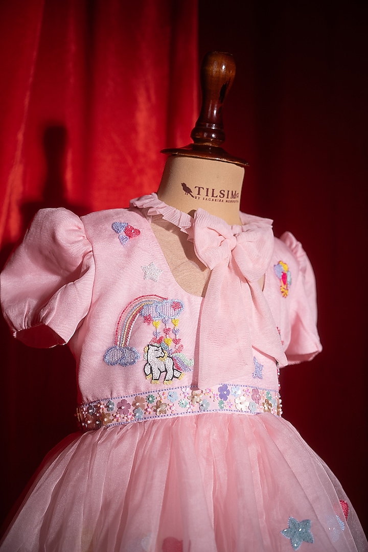 Pink Polyester Nylon Embroidered Dress For Girls by Tilsim by Sagarika Mehrotra at Pernia's Pop Up Shop