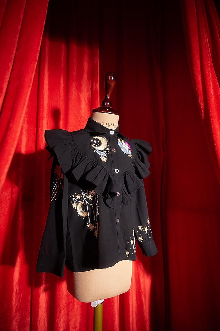 Black Polyester Rayon Embroidered Shirt For Girls by Tilsim by Sagarika Mehrotra at Pernia's Pop Up Shop