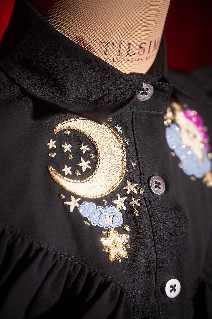 Black Polyester Rayon Embroidered Shirt For Girls by Tilsim by Sagarika Mehrotra at Pernia's Pop Up Shop