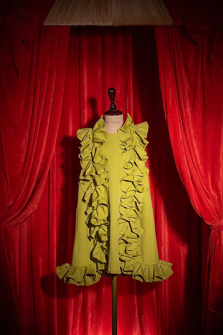 Green Polyester & Spandex Embroidered Dress For Girls by Tilsim by Sagarika Mehrotra at Pernia's Pop Up Shop
