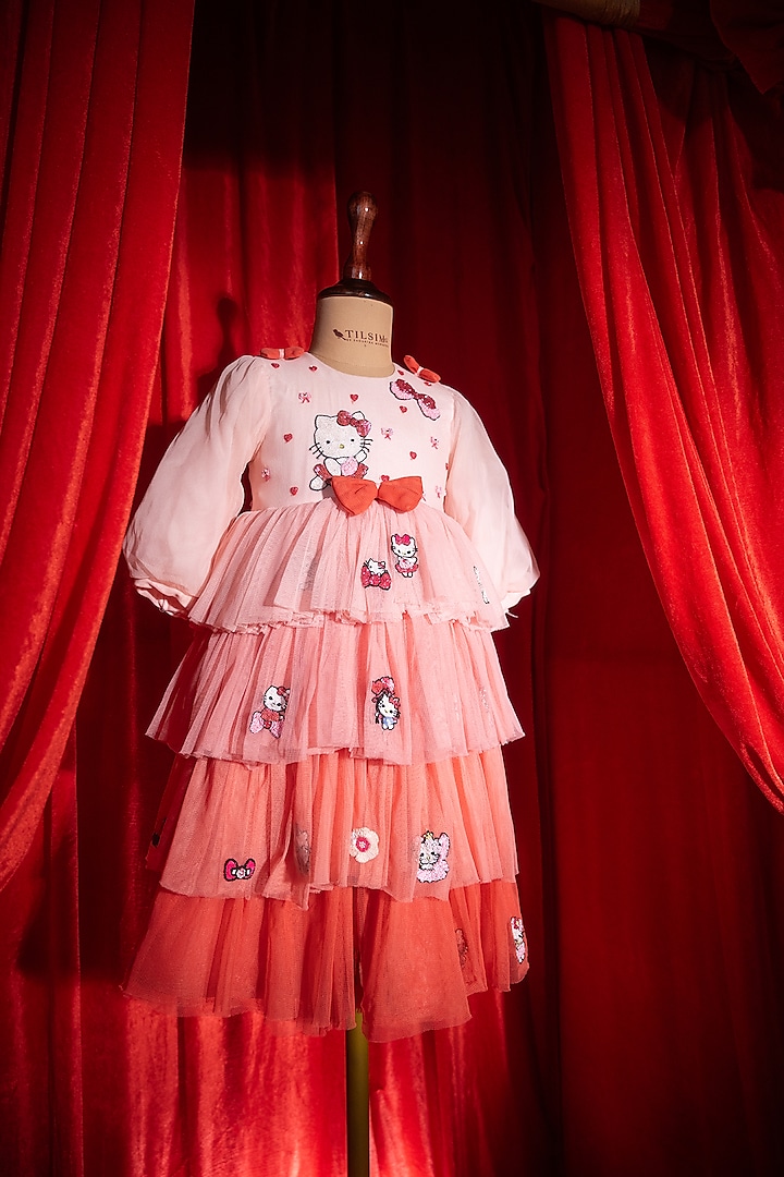 Pink Nylon Spandex Embroidered Dress For Girls by Tilsim by Sagarika Mehrotra at Pernia's Pop Up Shop