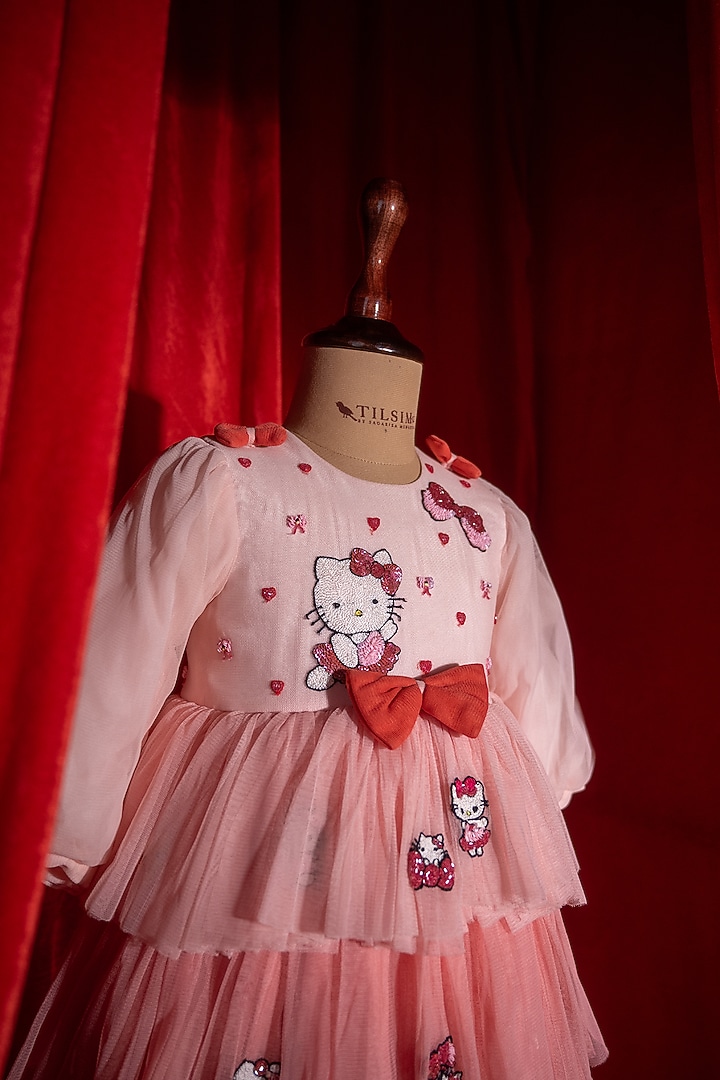 Pink Nylon Spandex Embroidered Dress For Girls by Tilsim by Sagarika Mehrotra at Pernia's Pop Up Shop