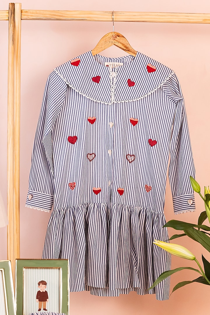 Navy & White Cotton Heart Embroidered Striped Dress by Tilsim by Sagarika Mehrotra at Pernia's Pop Up Shop