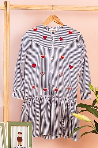 Navy & White Cotton Heart Embroidered Striped Dress by Tilsim by Sagarika Mehrotra