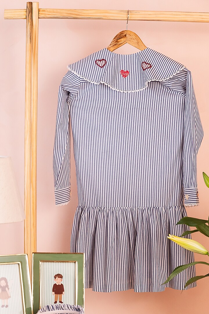 Navy & White Cotton Heart Embroidered Striped Dress by Tilsim by Sagarika Mehrotra at Pernia's Pop Up Shop