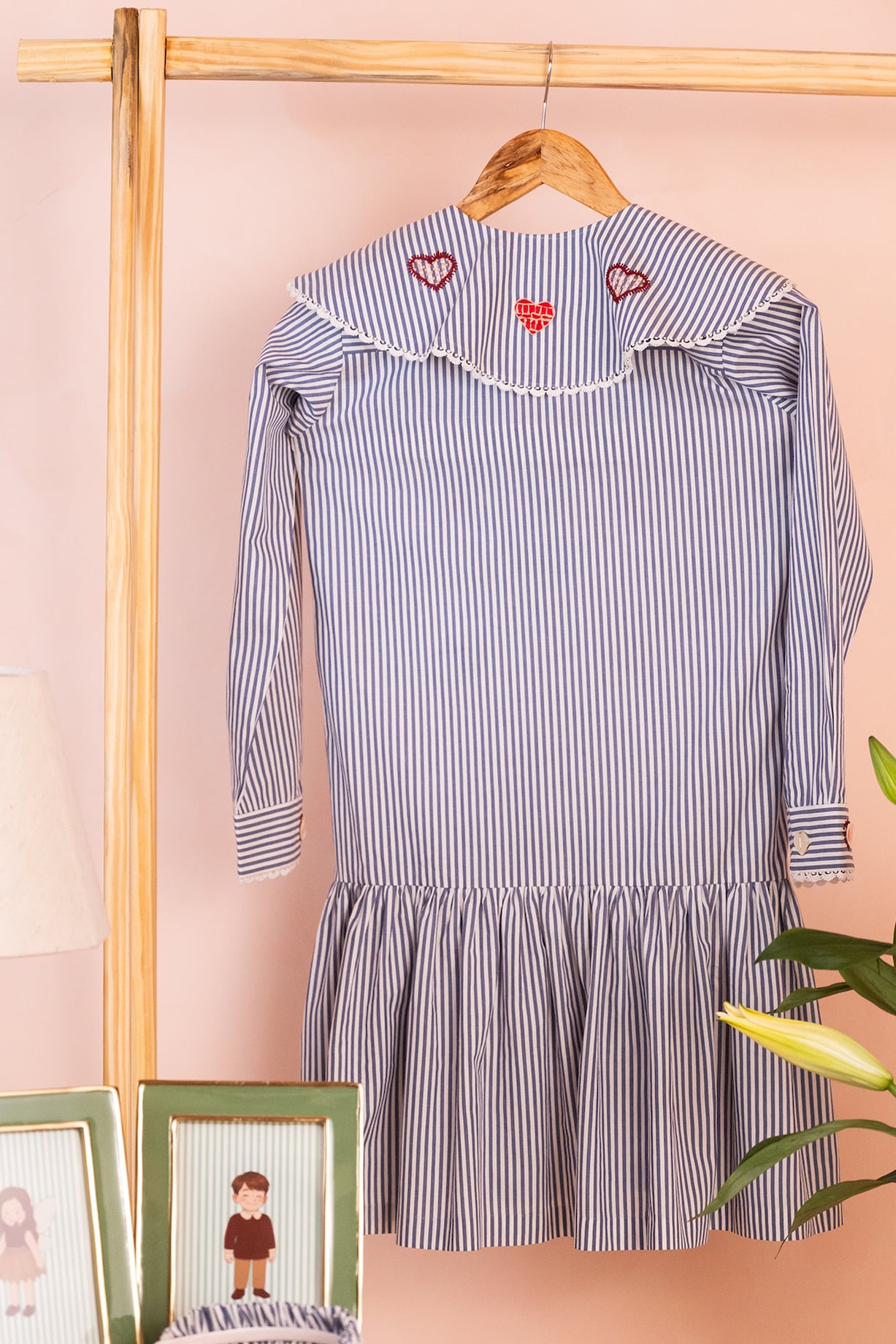 Navy White Cotton Heart Embroidered Striped Dress by Tilsim by