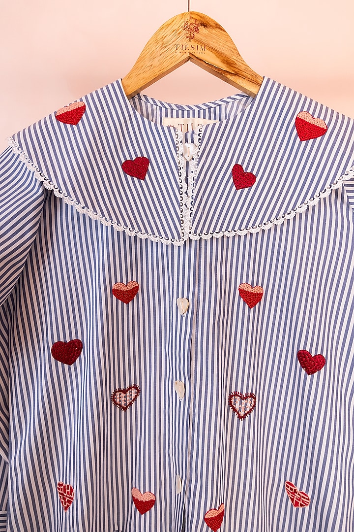 Navy & White Cotton Heart Embroidered Striped Dress by Tilsim by Sagarika Mehrotra at Pernia's Pop Up Shop