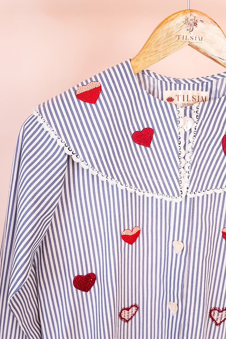 Navy & White Cotton Heart Embroidered Striped Dress by Tilsim by Sagarika Mehrotra at Pernia's Pop Up Shop
