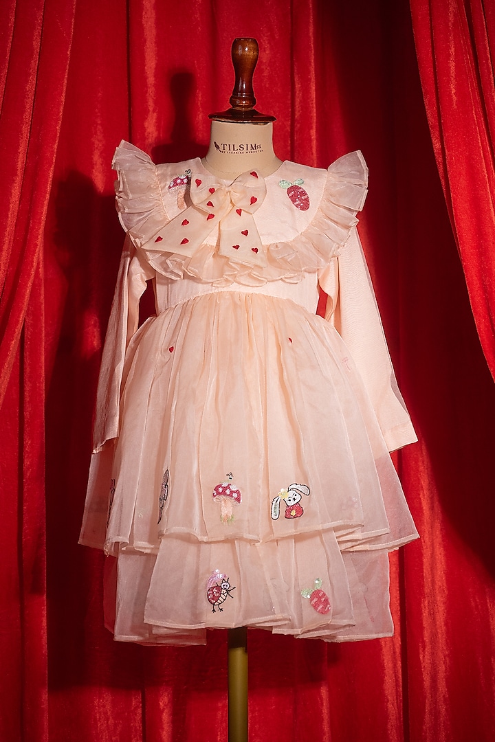 Peach Tulle Motifs Embroidered Tiered Dress For Girls by Tilsim by Sagarika Mehrotra at Pernia's Pop Up Shop