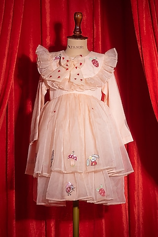 Peach Tulle Motifs Embroidered Tiered Dress For Girls by Tilsim by Sagarika Mehrotra