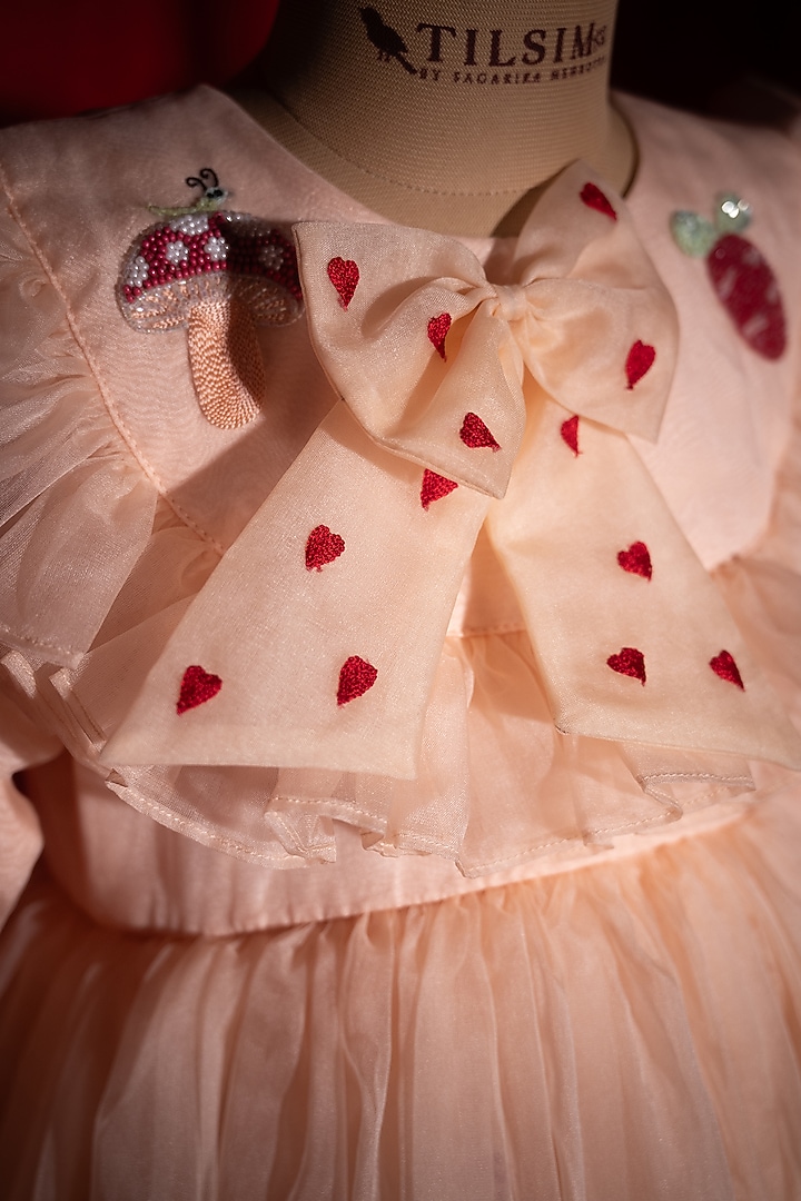 Peach Tulle Motifs Embroidered Tiered Dress For Girls by Tilsim by Sagarika Mehrotra at Pernia's Pop Up Shop
