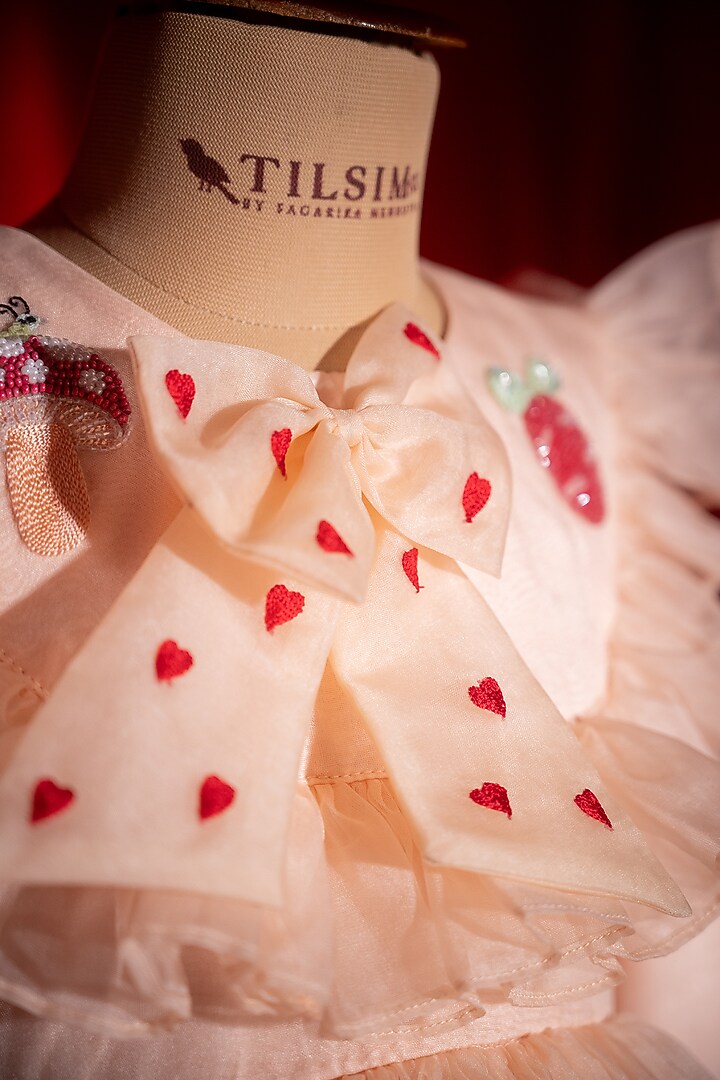Peach Tulle Motifs Embroidered Tiered Dress For Girls by Tilsim by Sagarika Mehrotra at Pernia's Pop Up Shop