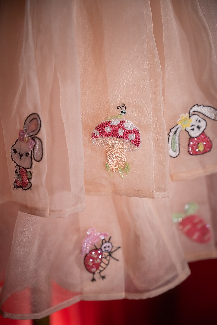 Peach Tulle Motifs Embroidered Tiered Dress For Girls by Tilsim by Sagarika Mehrotra at Pernia's Pop Up Shop