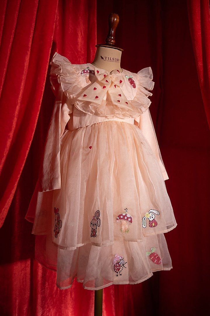 Peach Tulle Motifs Embroidered Tiered Dress For Girls by Tilsim by Sagarika Mehrotra at Pernia's Pop Up Shop