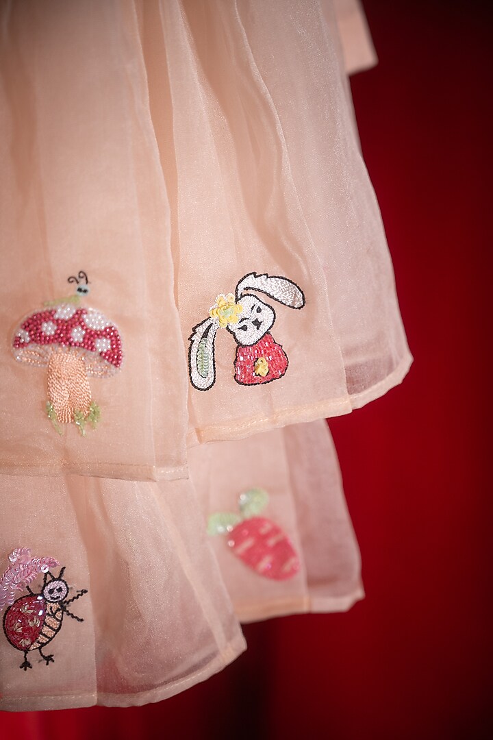 Peach Tulle Motifs Embroidered Tiered Dress For Girls by Tilsim by Sagarika Mehrotra at Pernia's Pop Up Shop