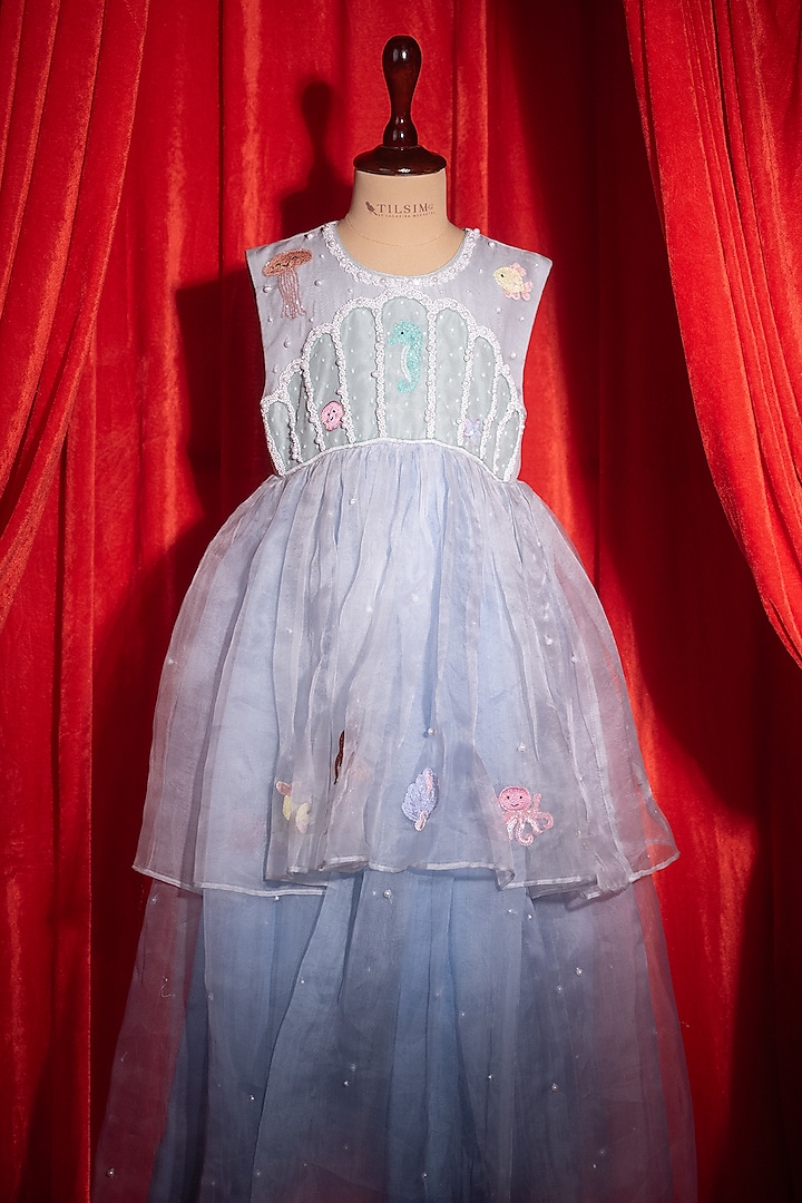 Blue Tulle Layered Dress For Girls by Tilsim by Sagarika Mehrotra at Pernia's Pop Up Shop