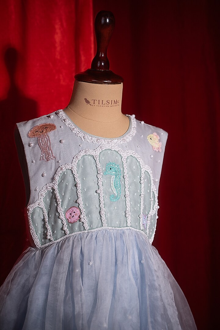 Blue Tulle Layered Dress For Girls by Tilsim by Sagarika Mehrotra at Pernia's Pop Up Shop