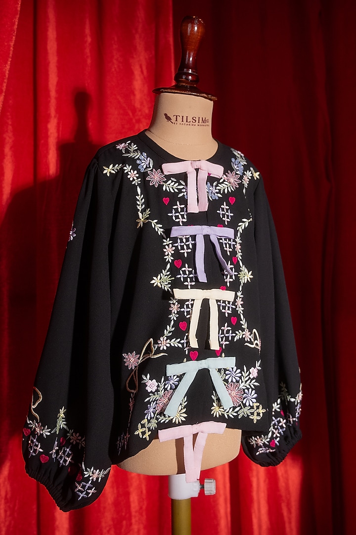 Black Rayon & Polyester Floral Embroidered Shirt For Girls by Tilsim by Sagarika Mehrotra at Pernia's Pop Up Shop