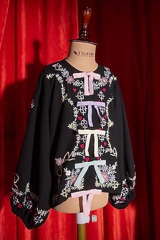 Black Rayon & Polyester Floral Embroidered Shirt For Girls by Tilsim by Sagarika Mehrotra