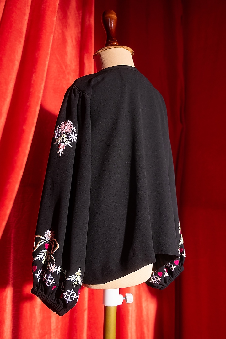 Black Rayon & Polyester Floral Embroidered Shirt For Girls by Tilsim by Sagarika Mehrotra at Pernia's Pop Up Shop