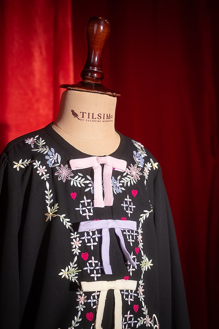 Black Rayon & Polyester Floral Embroidered Shirt For Girls by Tilsim by Sagarika Mehrotra at Pernia's Pop Up Shop