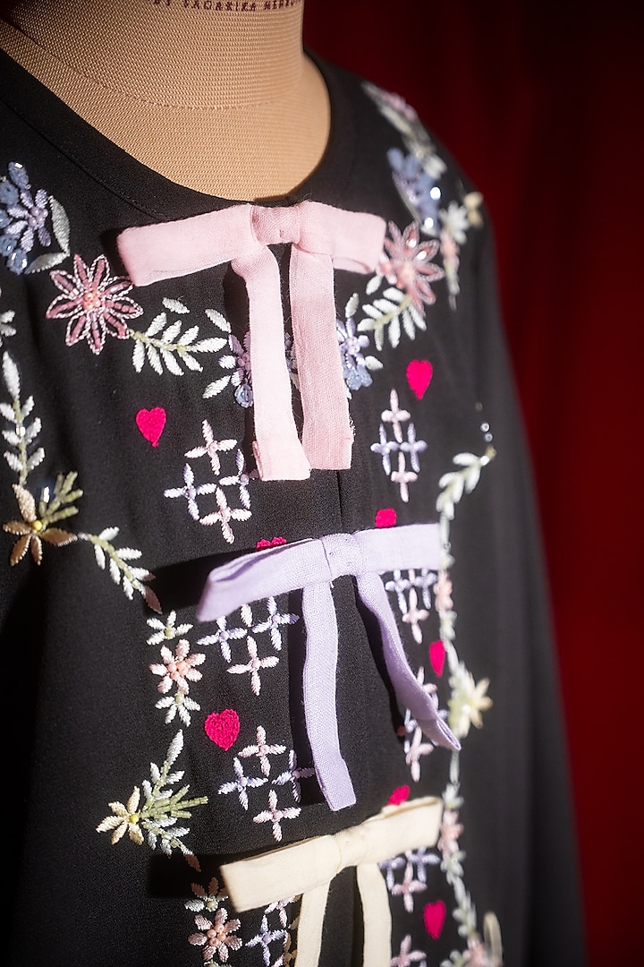 Black Rayon & Polyester Floral Embroidered Shirt For Girls by Tilsim by Sagarika Mehrotra at Pernia's Pop Up Shop
