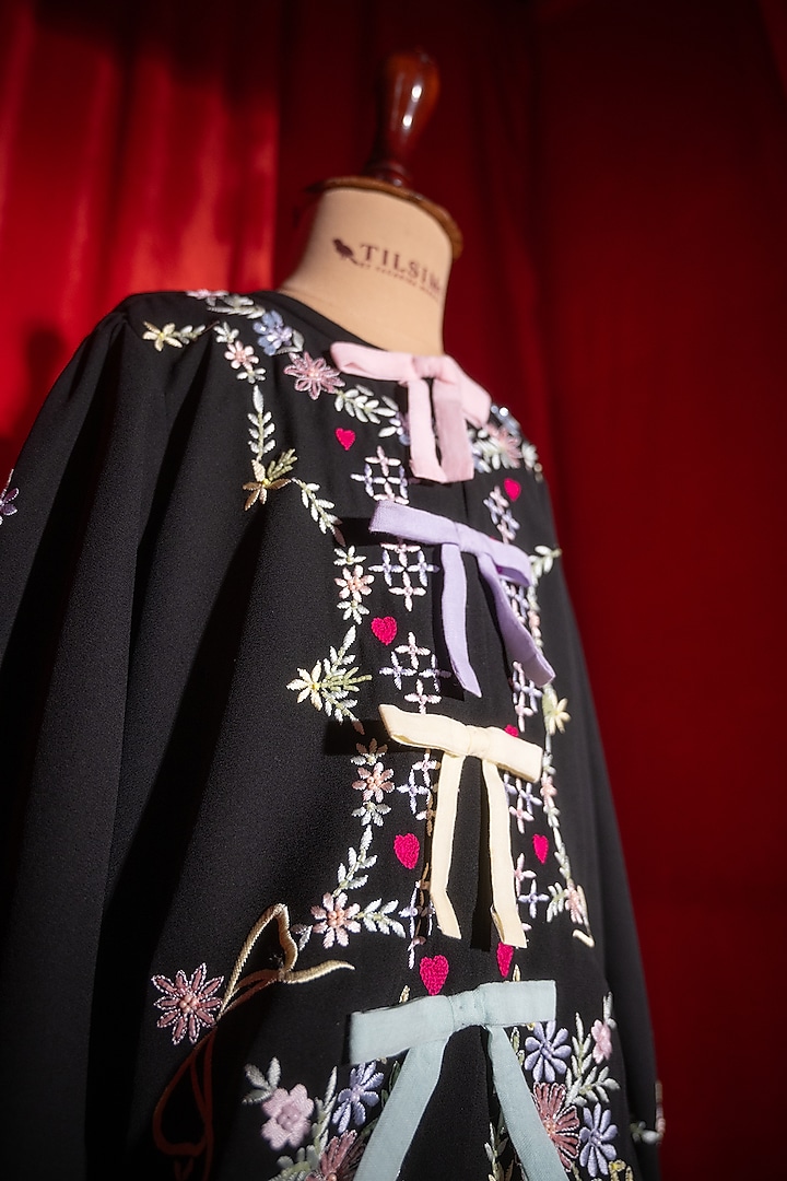 Black Rayon & Polyester Floral Embroidered Shirt For Girls by Tilsim by Sagarika Mehrotra at Pernia's Pop Up Shop