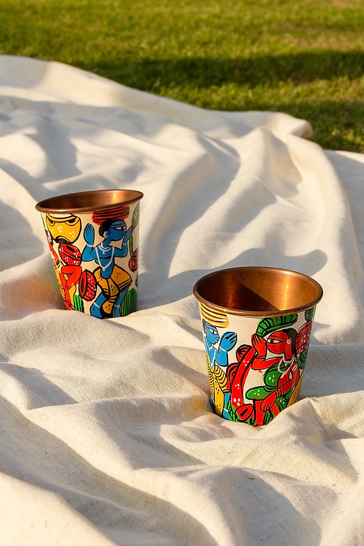 Multi-Coloured Copper Handpainted Glasses (Set of 2) by The India Craft Project