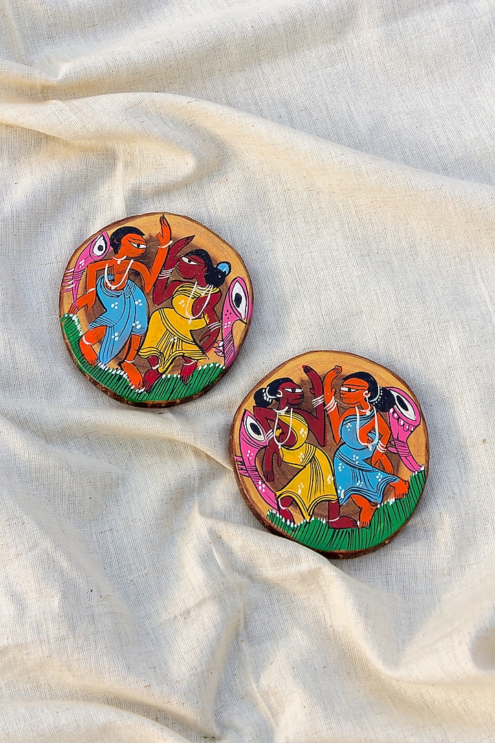 Multi-Coloured wooden Handpainted Coasters (Set of 4) by The India Craft Project