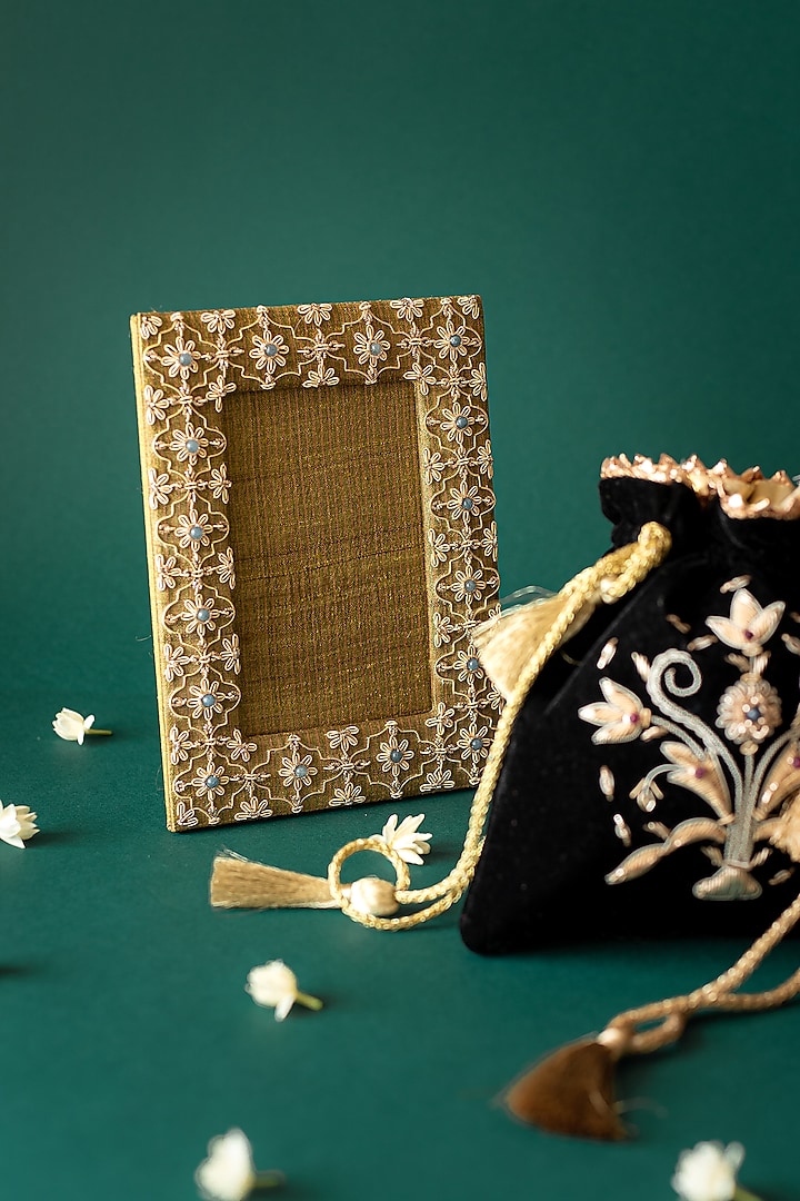 Green & Gold Silk Velvet Hand Embroidered Photo Frame by The India Craft Project